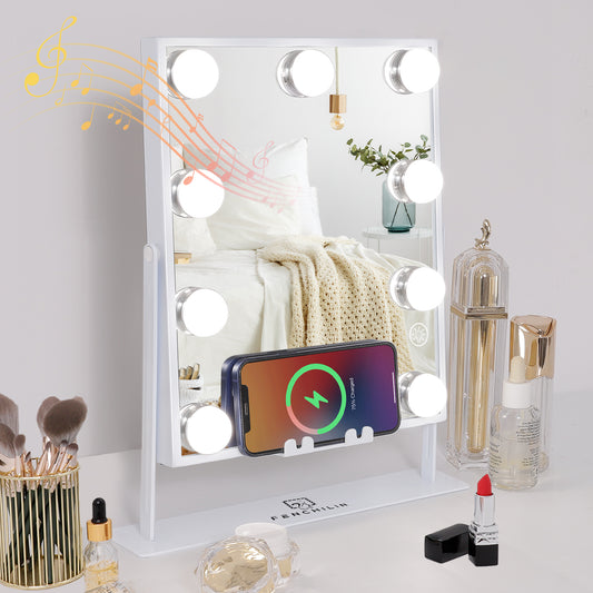 FENCHILIN Hollywood Vanity Makeup Mirror with Lights Bluetooth Wireless Charging Tabletop Metal White