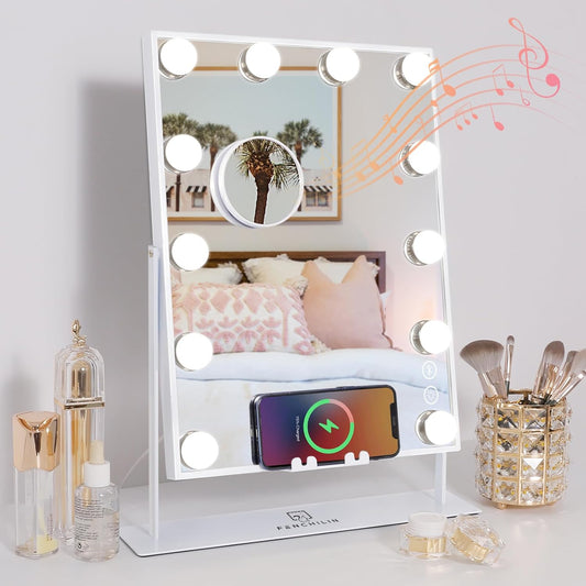 Fenchilin Vanity Makeup Mirror with Lights Bluetooth Wireless Charging Tabletop Metal White