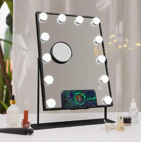 Hollywood Vanity Mirror with Wireless Charger and Bluetooth Speaker | L (14.5"x18.5") | 12 Dimmable LED Bulbs FENCHILIN - FENCHILIN