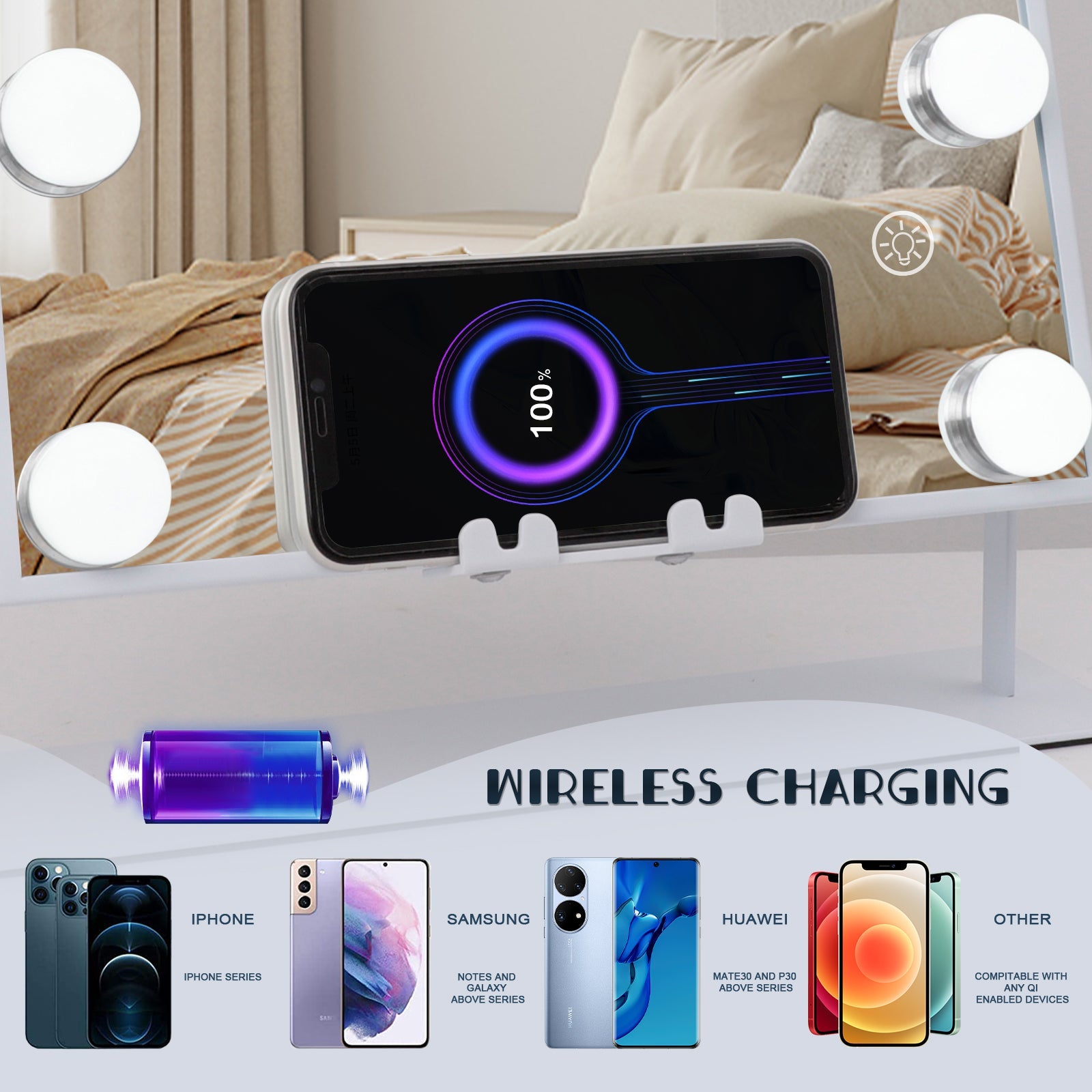 Hollywood Vanity Mirror with Wireless Charger and Bluetooth Speaker | L (14.5"x18.5") | 12 Dimmable LED Bulbs FENCHILIN - FENCHILIN