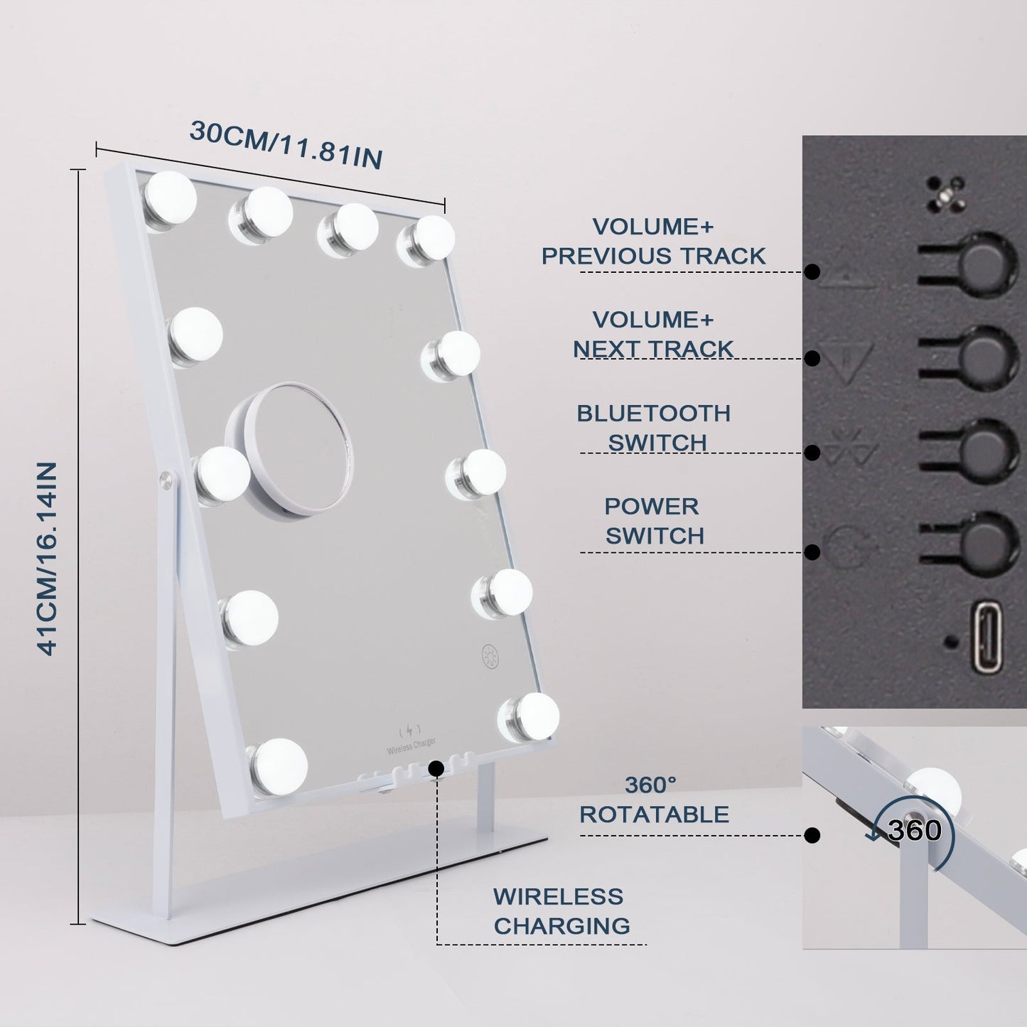 Hollywood Vanity Mirror with Wireless Charger and Bluetooth Speaker | L (14.5"x18.5") | 12 Dimmable LED Bulbs FENCHILIN - FENCHILIN