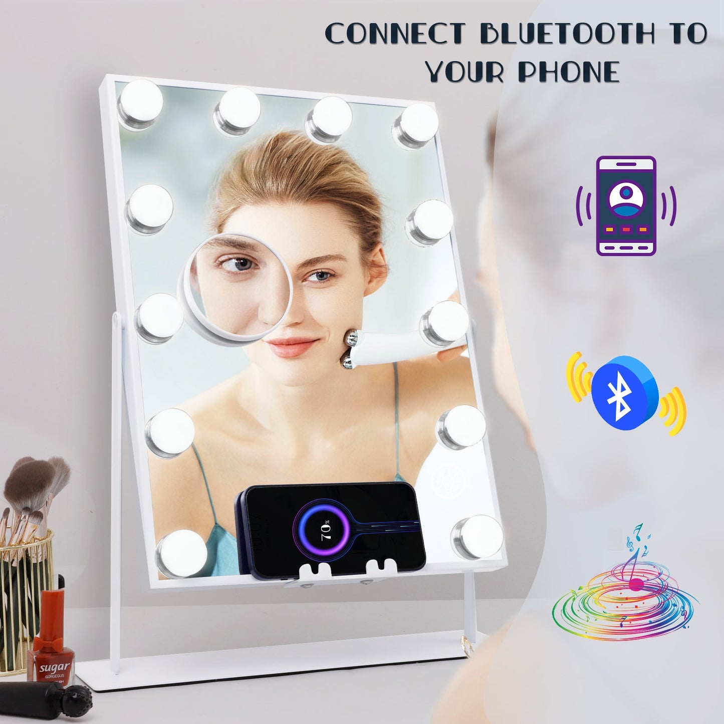 Hollywood Vanity Mirror with Wireless Charger and Bluetooth Speaker | L (14.5"x18.5") | 12 Dimmable LED Bulbs FENCHILIN - FENCHILIN