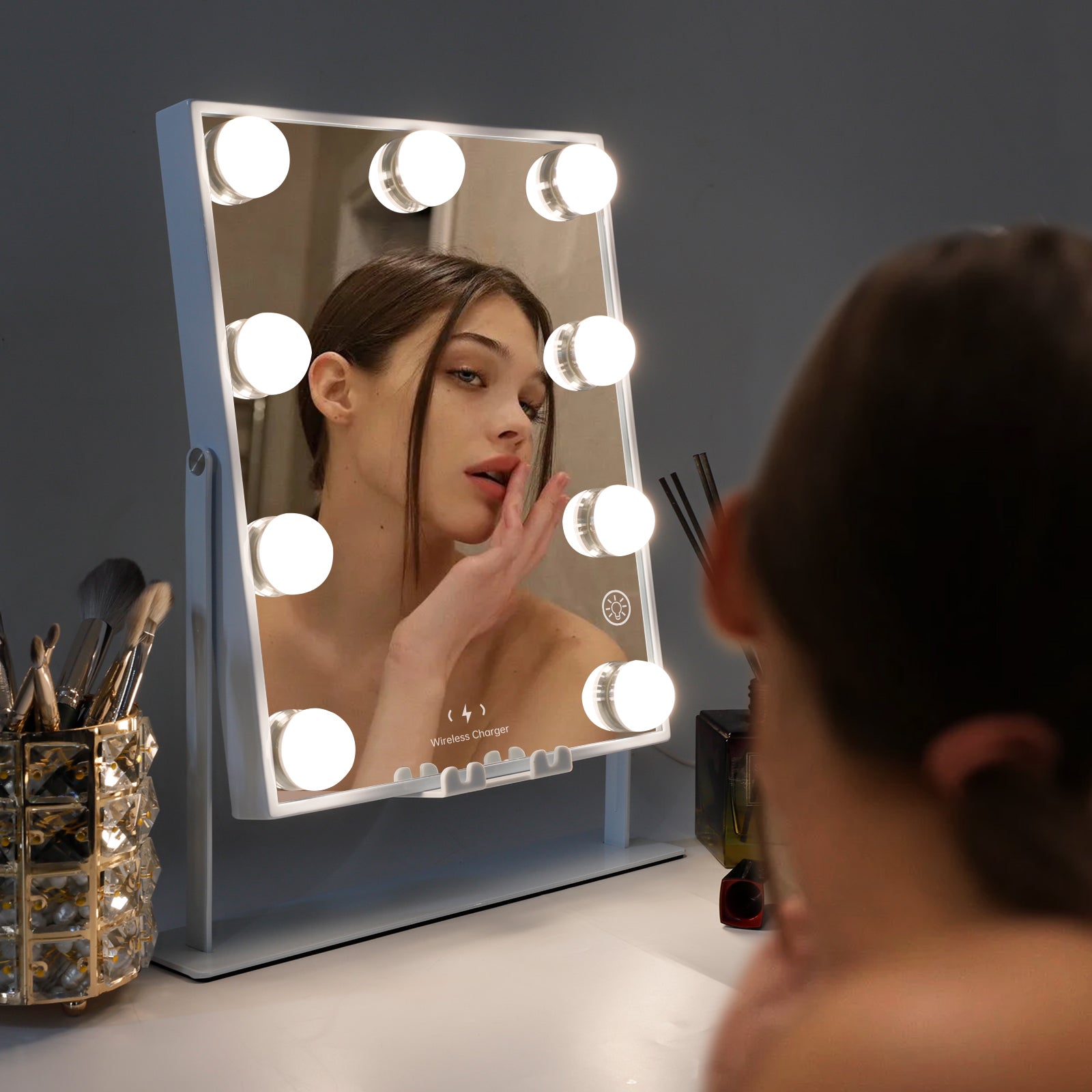 Hollywood Vanity Mirror with Wireless Charger and Bluetooth Speaker | M (11.8"x14") | 9 Dimmable LED Bulbs FENCHILIN - FENCHILIN