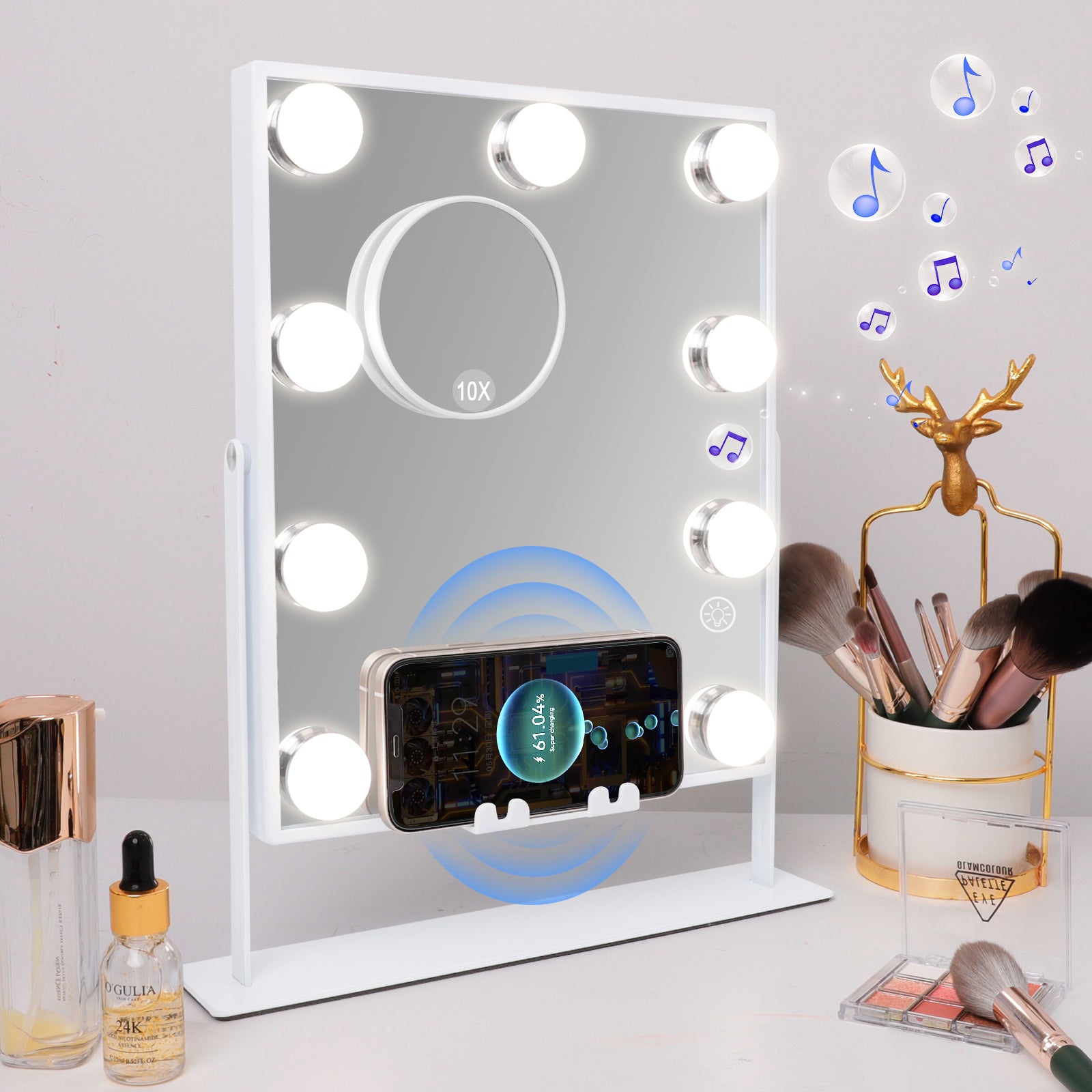 Hollywood Vanity Mirror with Wireless Charger and Bluetooth Speaker | M (11.8"x14") | 9 Dimmable LED Bulbs FENCHILIN - FENCHILIN